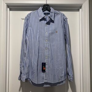 RalphLauren Men Long Sleeve Oxford Shirt Blue/ WhiteStripes Classic Fit Sz M NWT